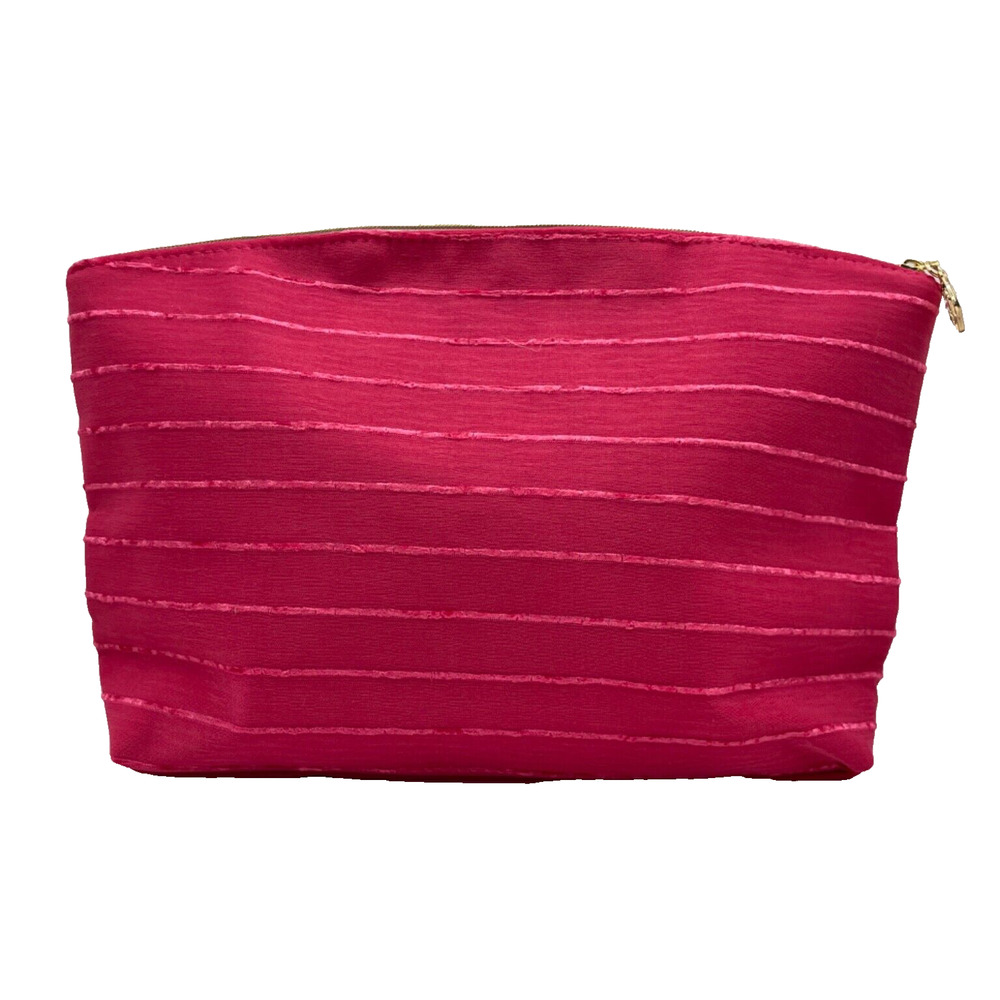 Lancome Pink Striped Makeup Bag with Rhinestore Rose Zipper Charm